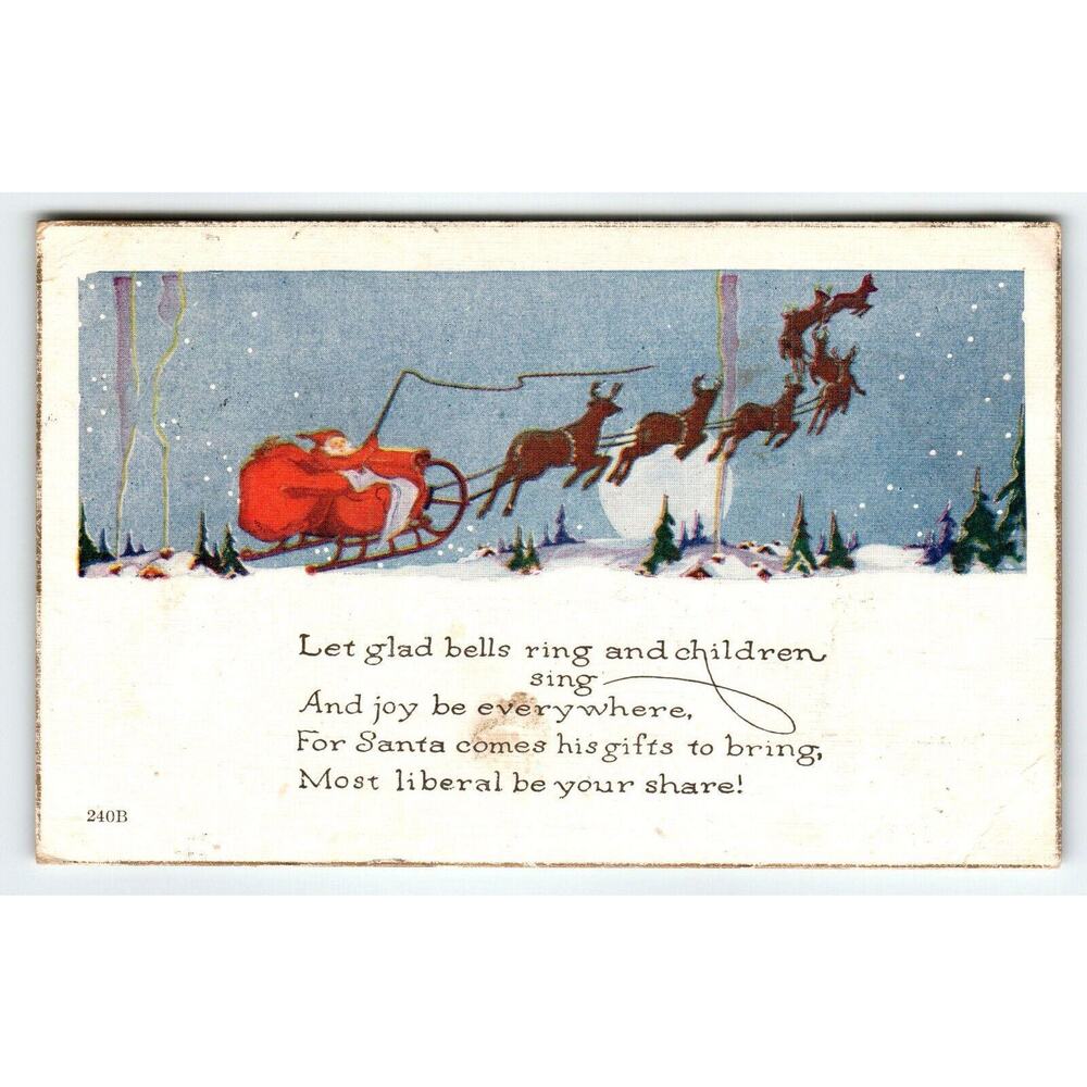 Santa Claus Christmas Postcard Full Moon Snow Reindeer Sled 1921 Health Stamp